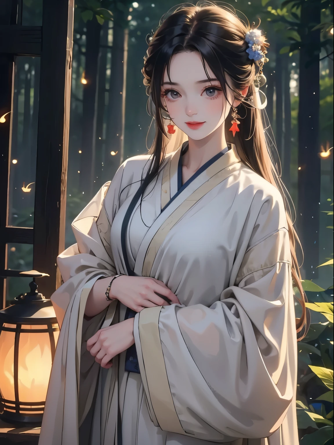 1 Girl, ,,giggle, High-definition images, A woman, Her hair is decorated with glowing fireflies, There is a charming light in the eyes. Wearing a robe woven from moonlight, She stood in a mysterious forest,The trees there are full of life. on site, Bathed in the ethereal light of fireflies, captured in the style of a magical forest ar台灣ork., (masterpiece, best quality, Official Art,Intricate details:1.2)