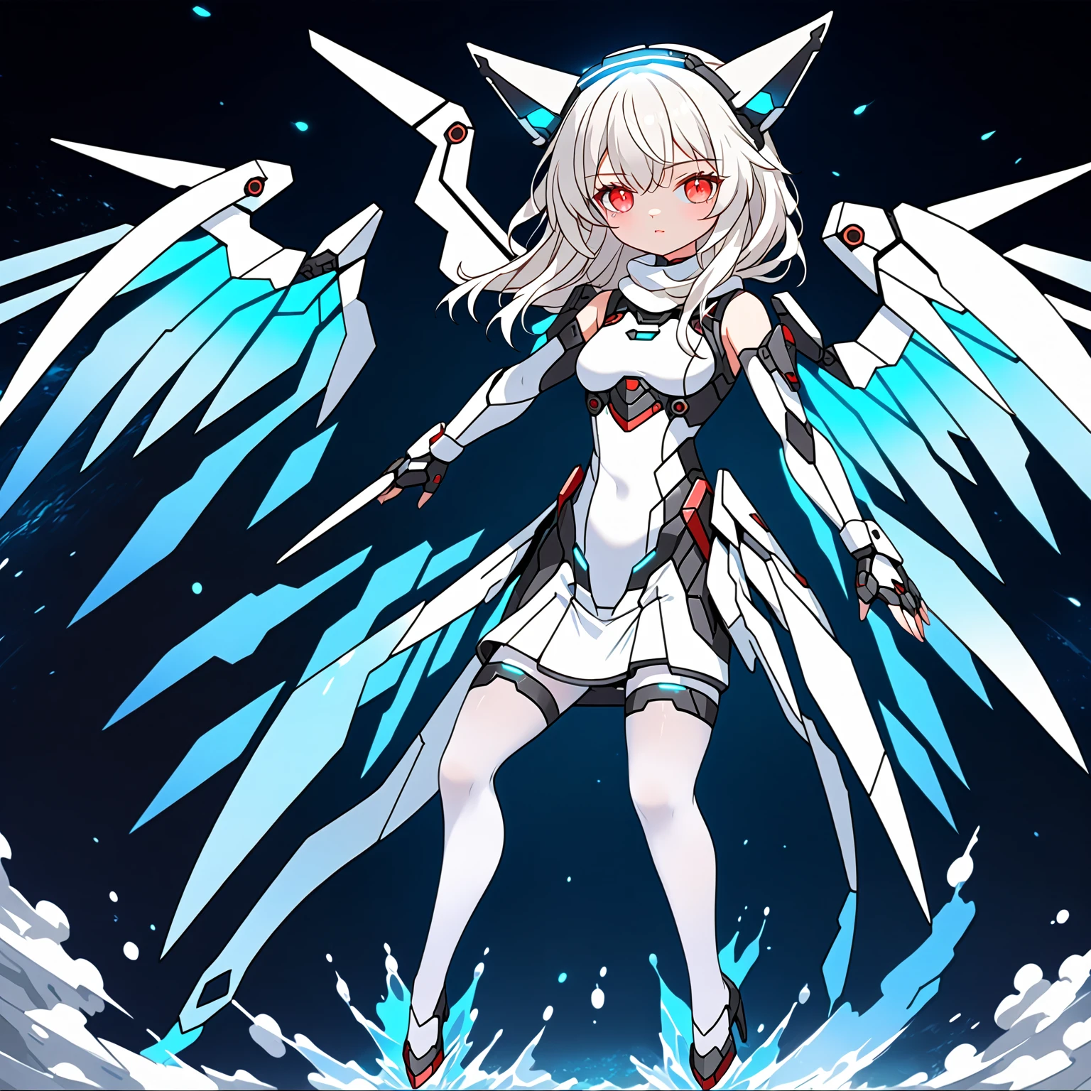 masterpiece, highest quality, highest resolution, clear_image, detailed details, white hair, long hair, 1 girl, normal cat ears, red eyes, futuristic wings, futuristic halo, white sci-fi mecha dress, white scarf with blow glow, white pantyhose, full body, no water marks, city, no extra limps, no extra body