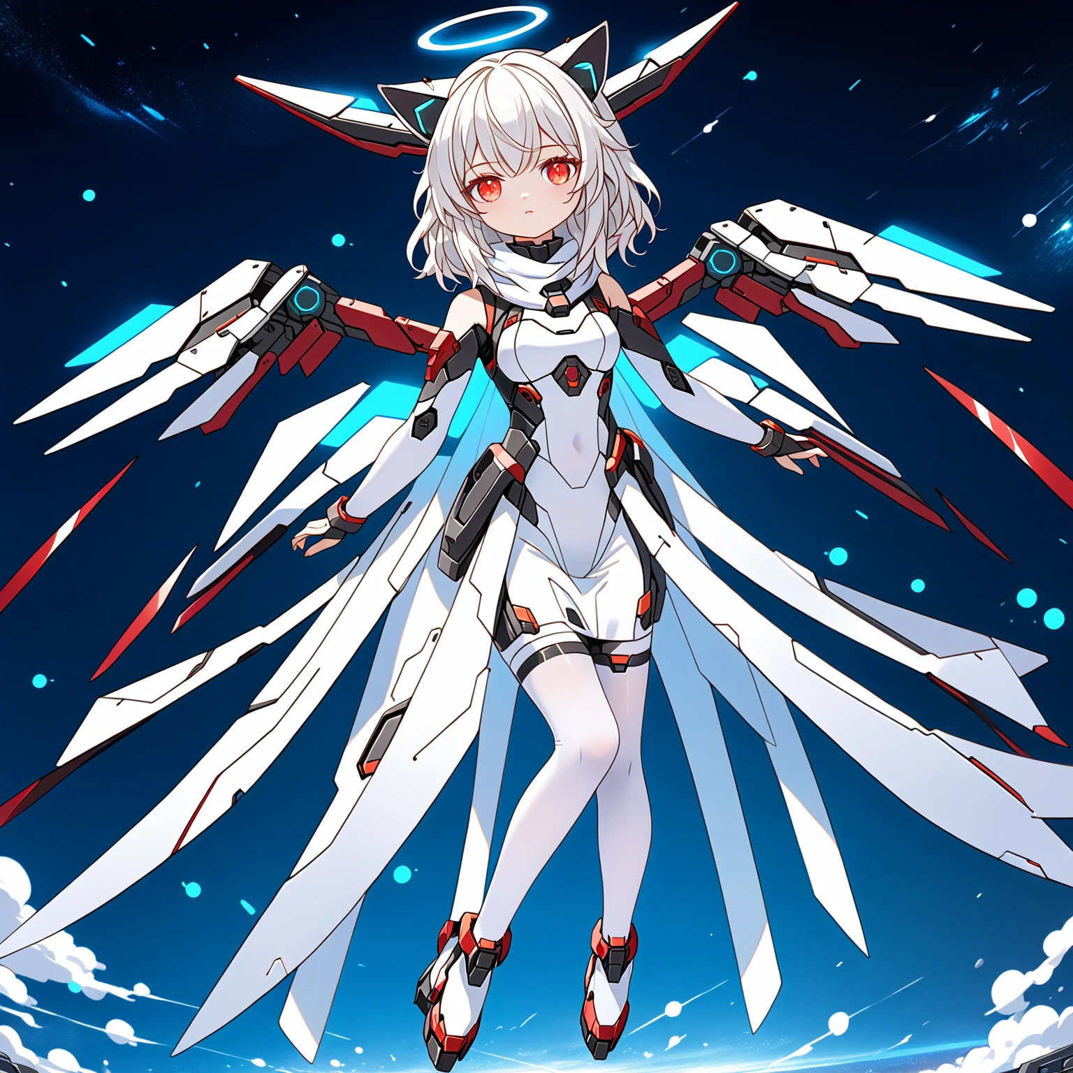 masterpiece, highest quality, highest resolution, clear_image, detailed details, white hair, long hair, 1 girl, normal cat ears, red eyes, futuristic wings, futuristic halo, white sci-fi mecha dress, white scarf with blow glow, white pantyhose, full body, no water marks, city, no extra limps, no extra body