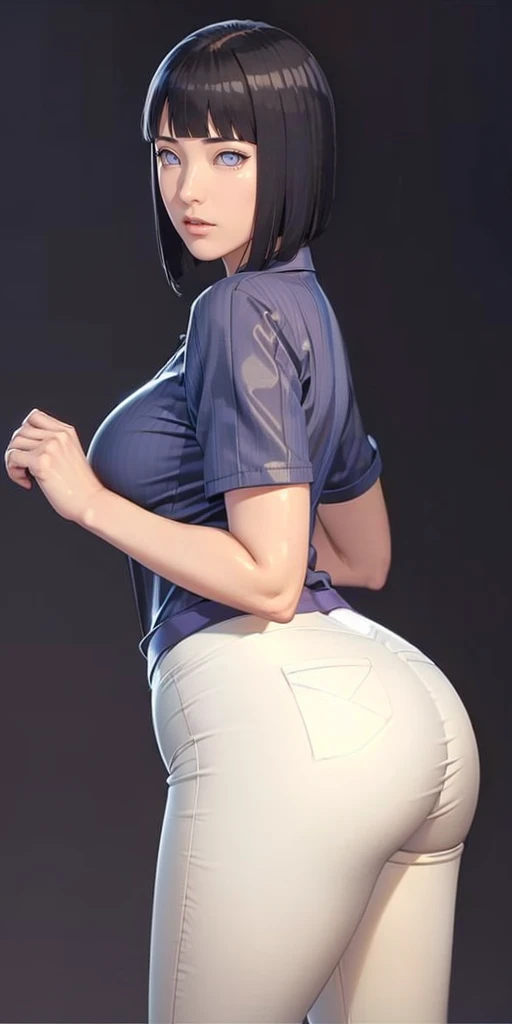 (((Perfect body,White and tender skin,(((ruanyi0533,blue pants,collared shirt,short sleeves,striped,sneakers,white shirt,))),(((hyuugahin,hyuugahin,hinata\(boruto\),hyuugahin, "black long hair", blue eyes,blunt bangs))),((masterpiece)),high resolution, ((Best quality at best)),masterpiece,quality,Best quality,((( Exquisite facial features,Looking at the audience,There is light in the eyes,blush,Happy,lol))),Bend forward,Plump buttocks,From the back))),(((Light and shadow,Huge breasts))),(((Looking at the camera,black background,)))),