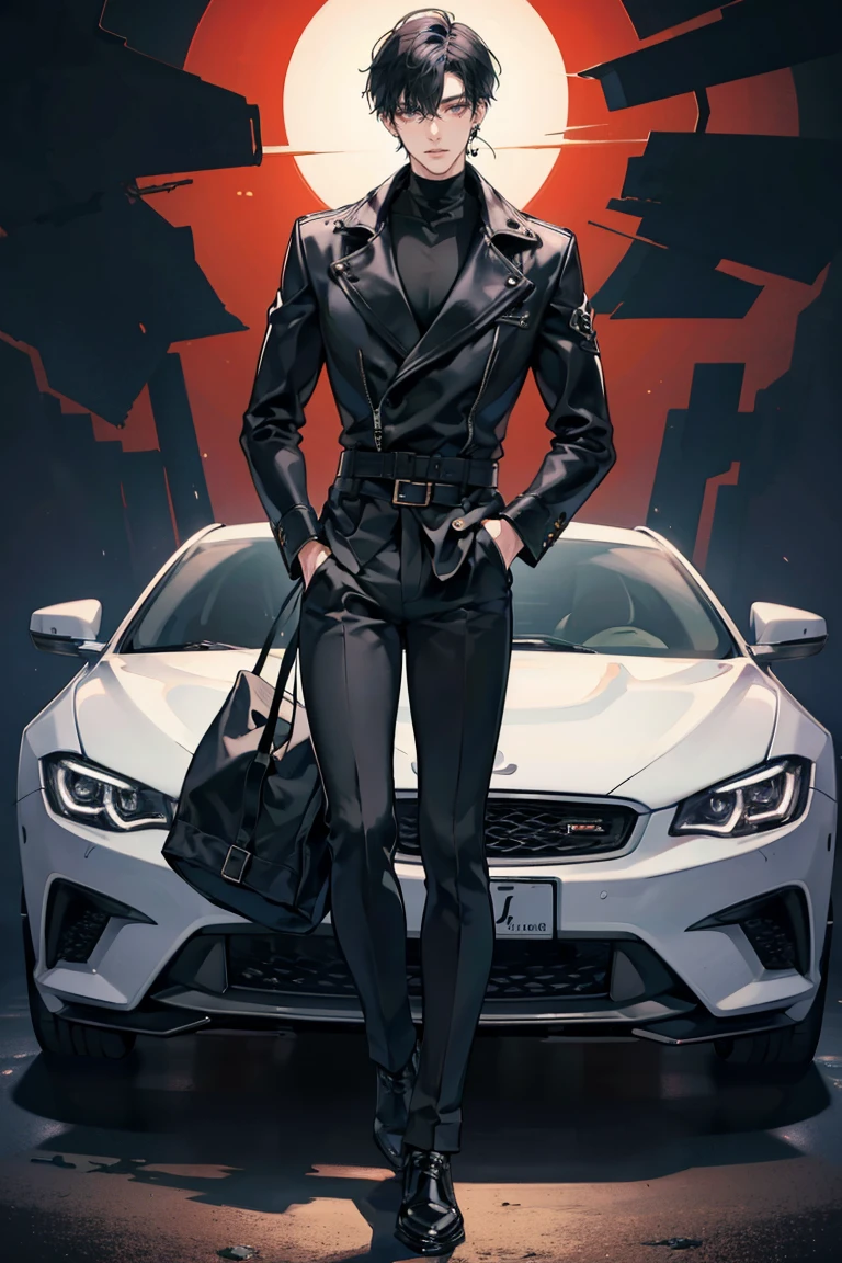 (masterpiece), best quality, seductive eyes, perfect face, handsome man, black eyes, short messy black hair, long nose, plain black turtleneck, black leather jacket, black fitted pants, full body, tall man, long legs, anime cover, 1boy, ear piercings, hands in pockets, adult-like look, bad boy, the background is a burning tower with his car