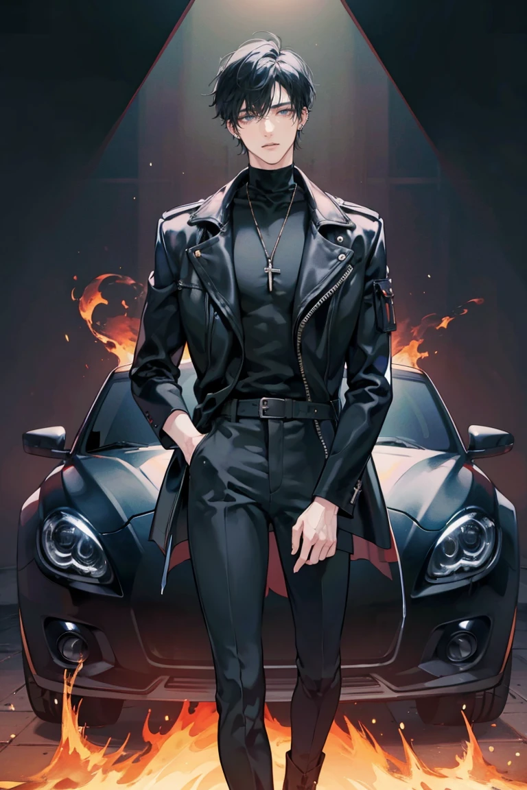 (masterpiece), best quality, seductive eyes, perfect face, handsome man, black eyes, short messy black hair, long nose, plain black turtleneck, black leather jacket, black fitted pants, full body, tall man, long legs, anime cover, 1boy, ear piercings, hands in pockets, adult-like look, bad boy, the background is a burning tower with his car