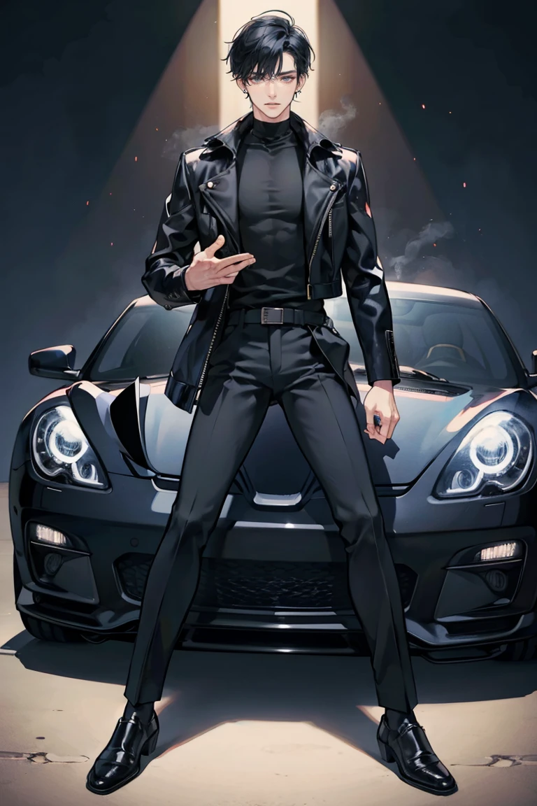 (masterpiece), best quality, seductive eyes, perfect face, handsome man, black eyes, short messy black hair, long nose, plain black turtleneck, black leather jacket, black fitted pants, full body, tall man, long legs, anime cover, 1boy, ear piercings, hands in pockets, adult-like look, bad boy, the background is a burning tower with his car