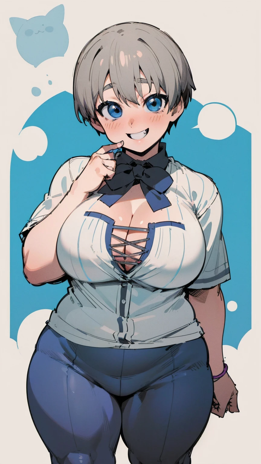 masterpiece, best quality, ultra-detailed, Potrait of beautiful , (chubby) (muscular), (plump), (sexly), (cleavage), (Breasts), (Plump), ((very short hair)), ((Uzaki Hana)), (overweight), (Gray Hair), ((Saggy breasts)), (blue eyes), (Short Hair), (blue eyes), ((thick)), ((school uniform)), (fullbody), (naughty smile), (Canine teeth visible)