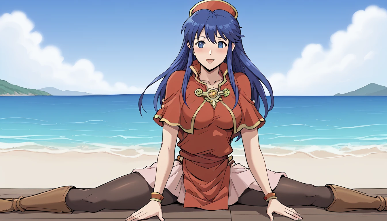 lilina \(fire emblem\), wizard, One girl, Sitting, On the floor, Split Horizon, stretch, horizontal splits, stretch regs, sea, hands on floor