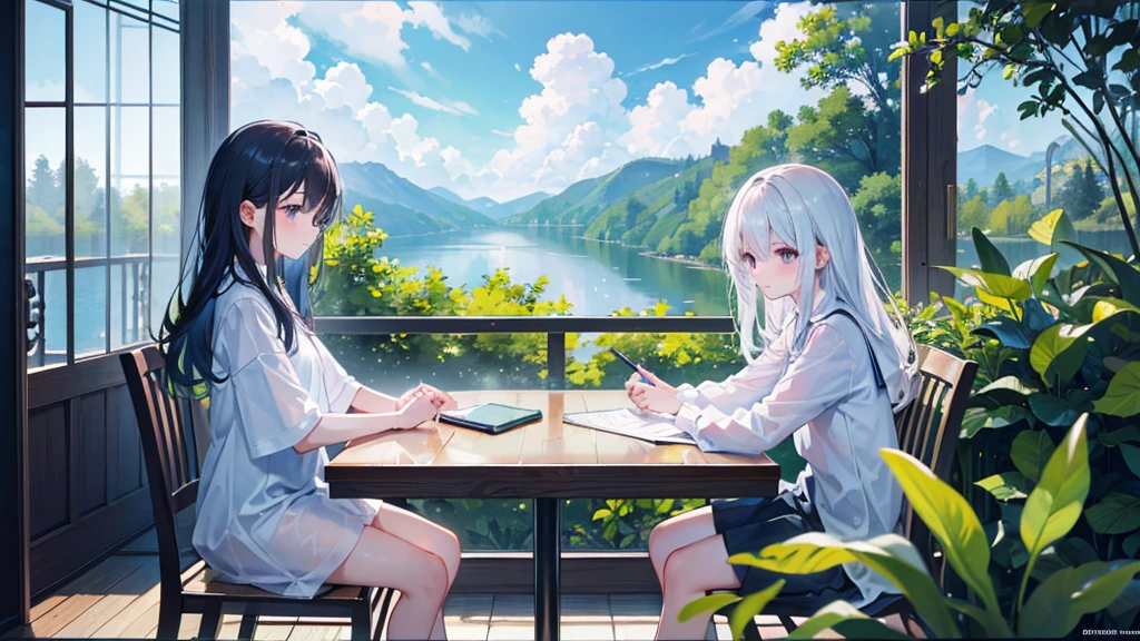 (master part), beyond the glass window, A huge lake in a dense forest,very cool, nature,after the rain, gram, beautiful sky, Brilliant clouds, 4K, happy,happyness, soft, wallpaper,, hope, convoluted, BREAK the image transmit a hopeful feeling, Good feel, happy atmosphere, The beauty of small details, a visual master part, beautiful colors, uhd, high resolution,absurd, professional image, breathtaking,amazing, Two girls sit side by side at a table right in front of the screen angle and help each other study., Draw the character&#39;s appearance in detail, Wear casual clothes