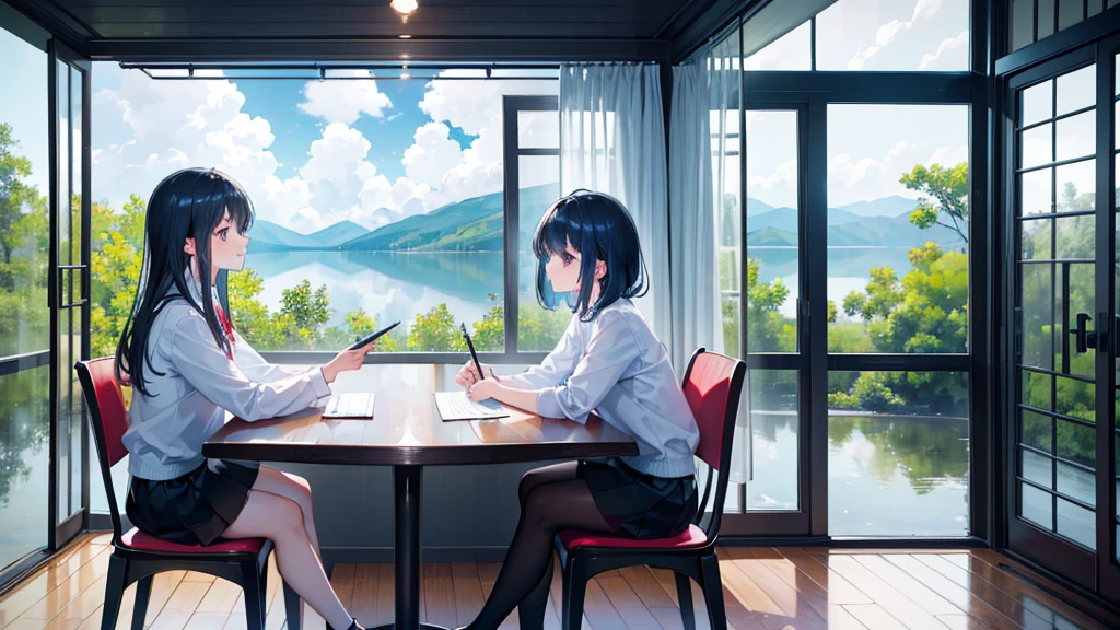 (master part), beyond the glass window, A huge lake in a dense forest,very cool, nature,after the rain, gram, beautiful sky, Brilliant clouds, 4K, happy,happyness, soft, wallpaper,, hope, convoluted, BREAK the image transmit a hopeful feeling, Good feel, happy atmosphere, The beauty of small details, a visual master part, beautiful colors, uhd, high resolution,absurd, professional image, breathtaking,amazing, Two girls sit side by side at a table right in front of the screen angle and help each other study., Draw the character's appearance in detail, Wear casual clothes
