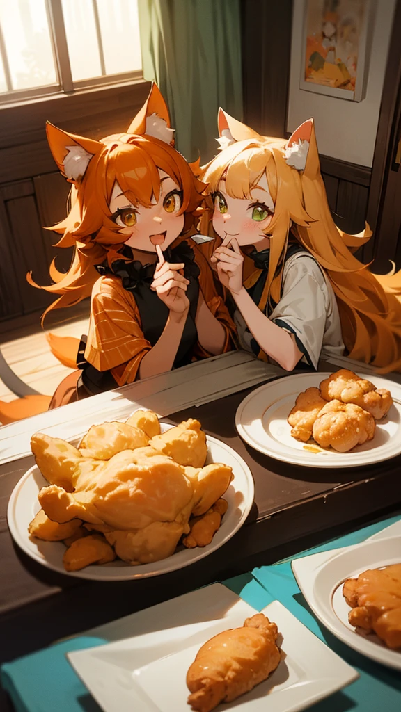 “Create an image of two adorable cats taking a selfie together. The first cat is orange with long fur, while the second cat is brown with stripes. Both cats are holding pieces of fried chicken with their paws, and there is a plate of fried chicken on the table in front of them. The setting is indoors, with a cozy and well-lit room in the background.”