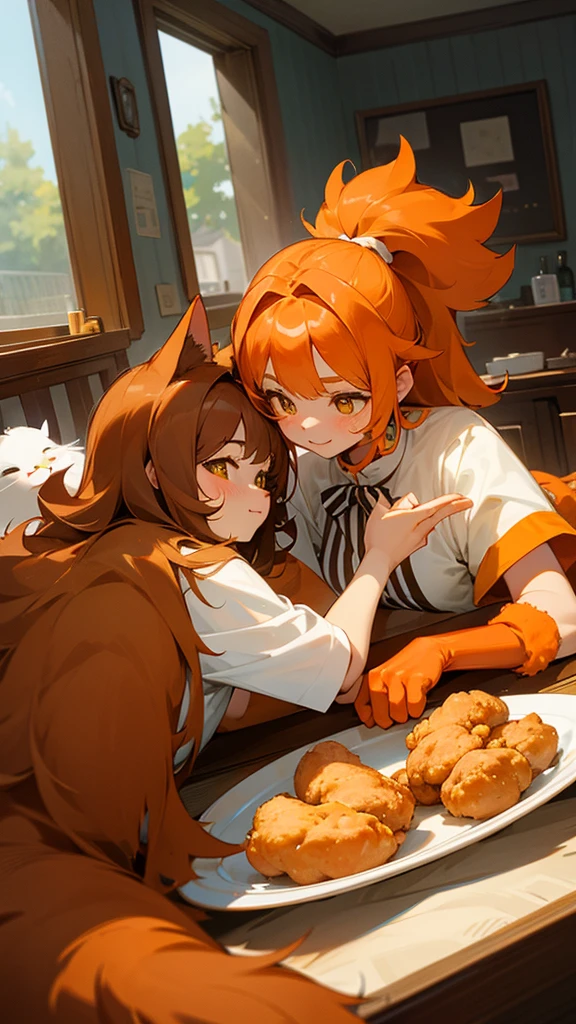 “Create an image of two adorable cats taking a selfie together. The first cat is orange with long fur, while the second cat is brown with stripes. Both cats are holding pieces of fried chicken with their paws, and there is a plate of fried chicken on the table in front of them. The setting is indoors, with a cozy and well-lit room in the background.”
