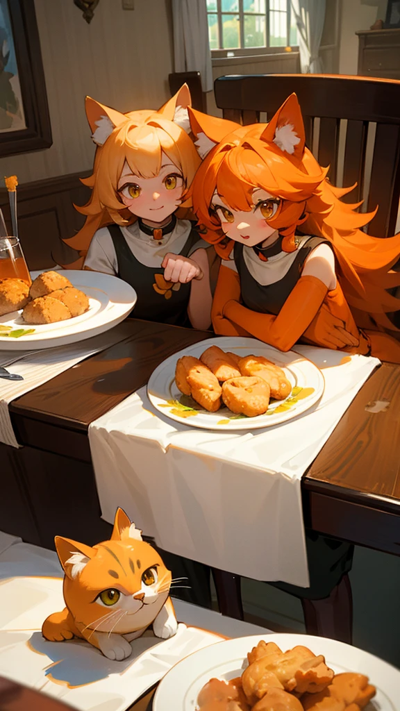 “Create an image of two adorable cats taking a selfie together. The first cat is orange with long fur, while the second cat is brown with stripes. Both cats are holding pieces of fried chicken with their paws, and there is a plate of fried chicken on the table in front of them. The setting is indoors, with a cozy and well-lit room in the background.”