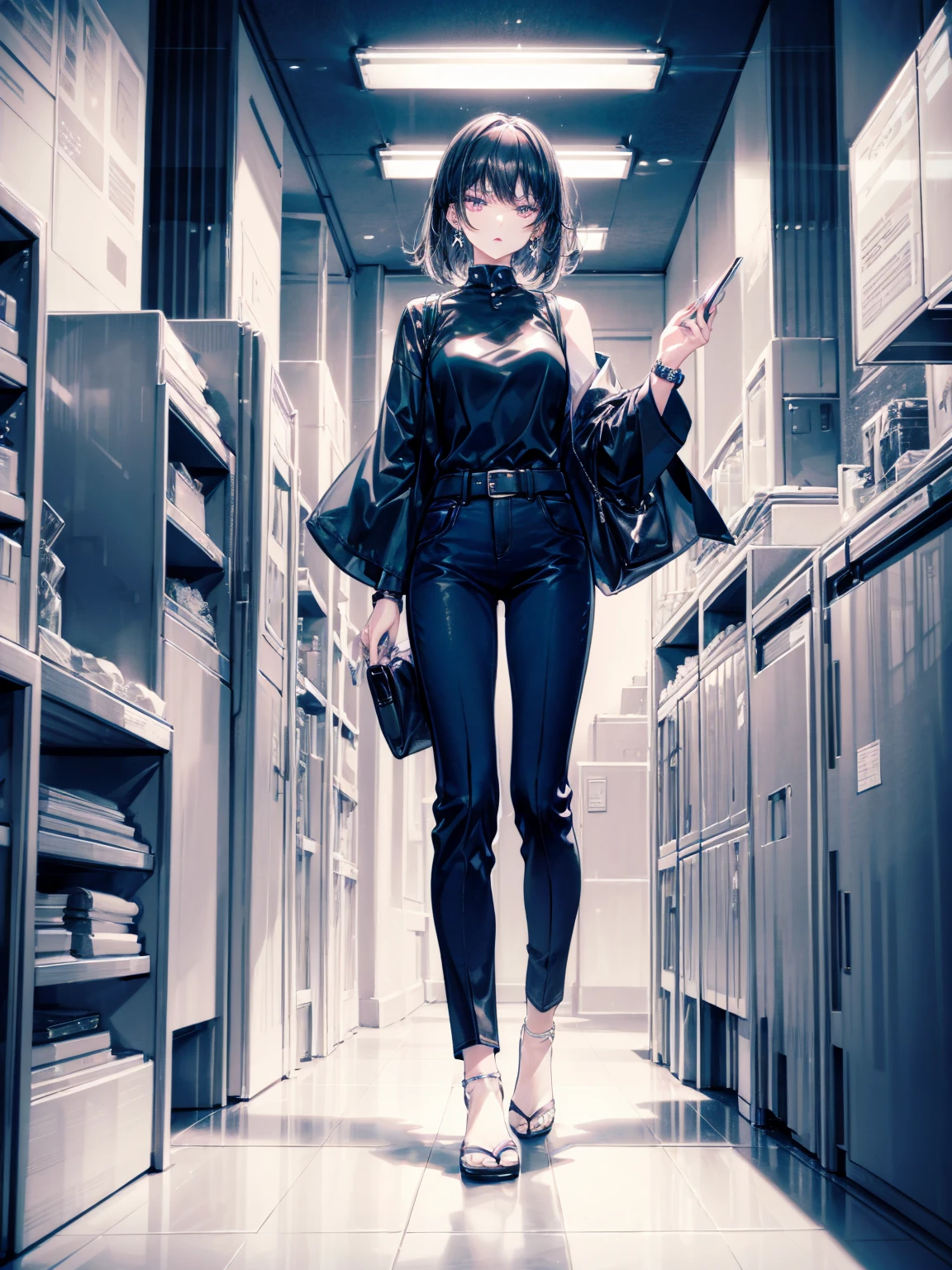 Japanese woman, 28 years old, slim, tall, good posture, shoulder-length black straight hair, natural makeup, light pink lipstick, subtle eyeshadow, dark gray pantsuit, simple silhouette, high-quality material, white silk blouse, black high heels, pearl earrings, simple wristwatch, office setting, modern, professional, Tokyo cityscape, serious expression, confident posture, holding a folder, monochrome color scheme, elegant, professional