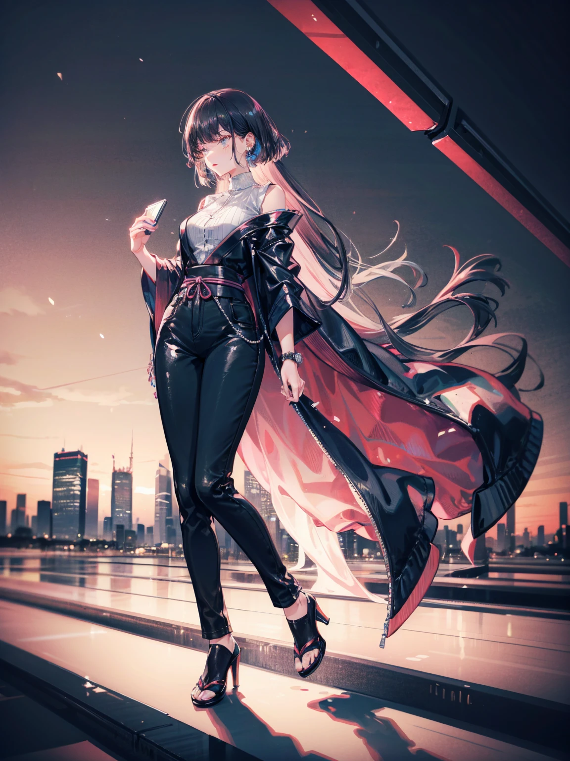 Japanese woman, 28 years old, slim, tall, good posture, shoulder-length black straight hair, natural makeup, light pink lipstick, subtle eyeshadow, dark gray pantsuit, simple silhouette, high-quality material, white silk blouse, black high heels, pearl earrings, simple wristwatch, office setting, modern, professional, Tokyo cityscape, serious expression, confident posture, holding a folder, monochrome color scheme, elegant, professional