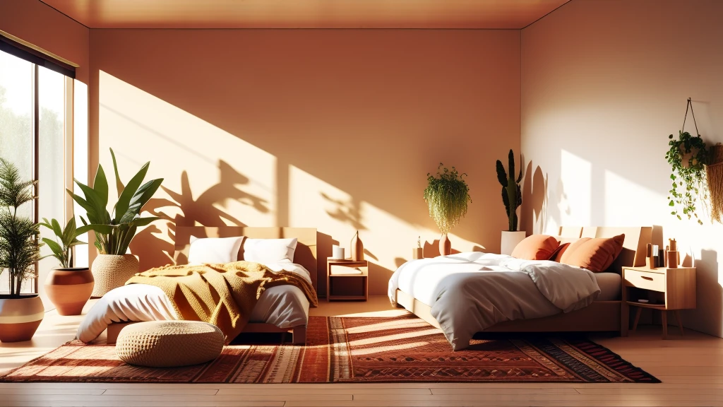Sun,No humans,window,indoor,table,Day光,plant,scenery,curtain,blanket,bed,rug,pillow,vase,potted plant,carpet,flower pot,lamp,bedroom,Day,basket,