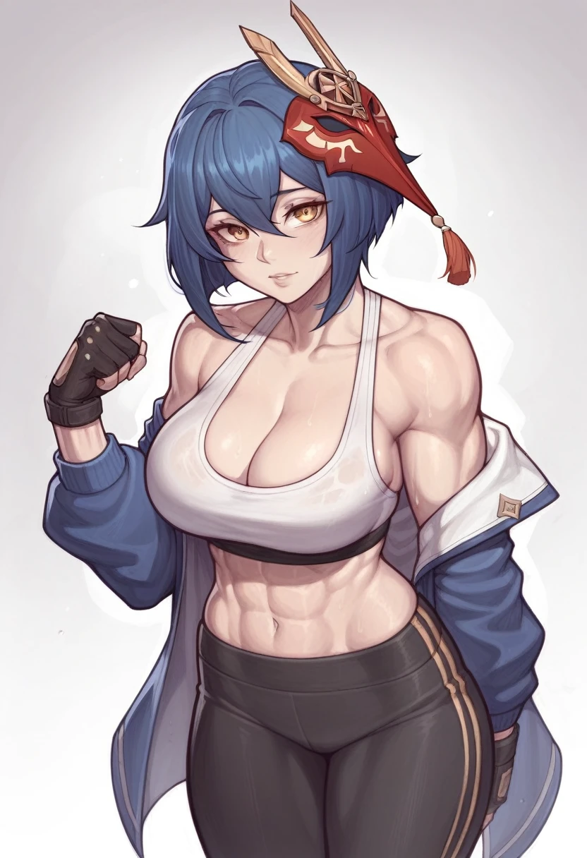 _asura style, sara (genshin impact), 1girl, solo, muscular, sport woman, tengu mask, yellow eyes, darkest blue hair, cleavage, looking at viewer, large breasts, 