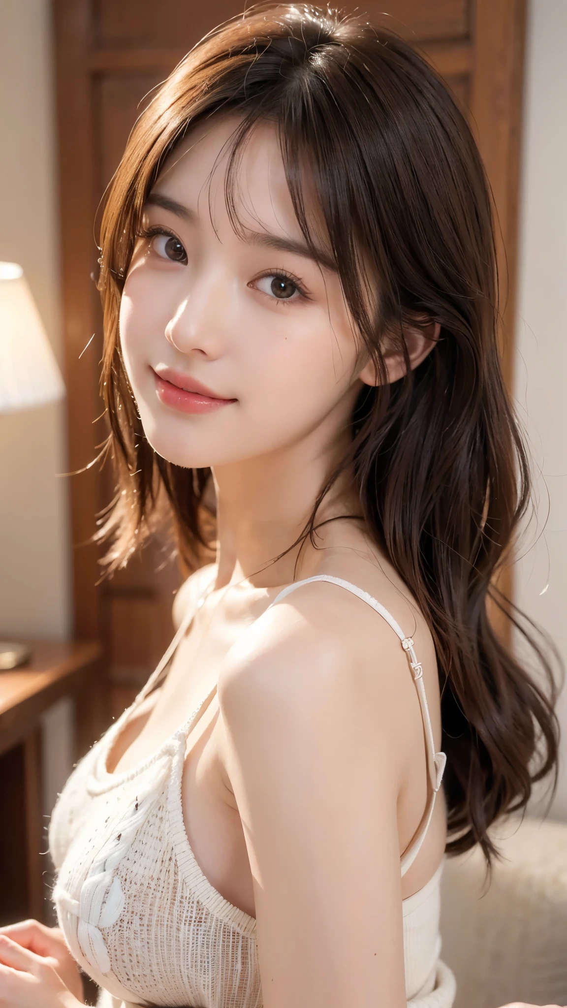 (masterpiece:1.3), (8K, realistic, RAW photos, Best image quality: 1.4), japanese high school girl、(random hairstyle:1.2)、have big breasts:1.2、breastfeeding 1.ts too big、round ass、complete appearance、very detailed face、eye for detail、double eyelid、Put your heart together、sharp focus:1.2、Beautiful woman:1.4、light brown hair、top quality、masterpiece、ultra high resolution、(realistic:1.4)、Highly detailed and professionally illuminated smile、Loose and light knitwear、hold out one'shoulder、slim、serious expression、short and delicate hair、fatal position