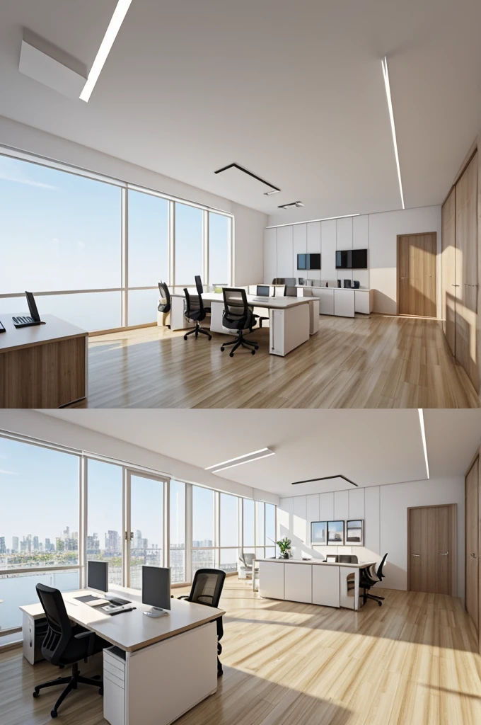 Professional 3d architecture rendering design of modern and minimal office with light wooden and white color