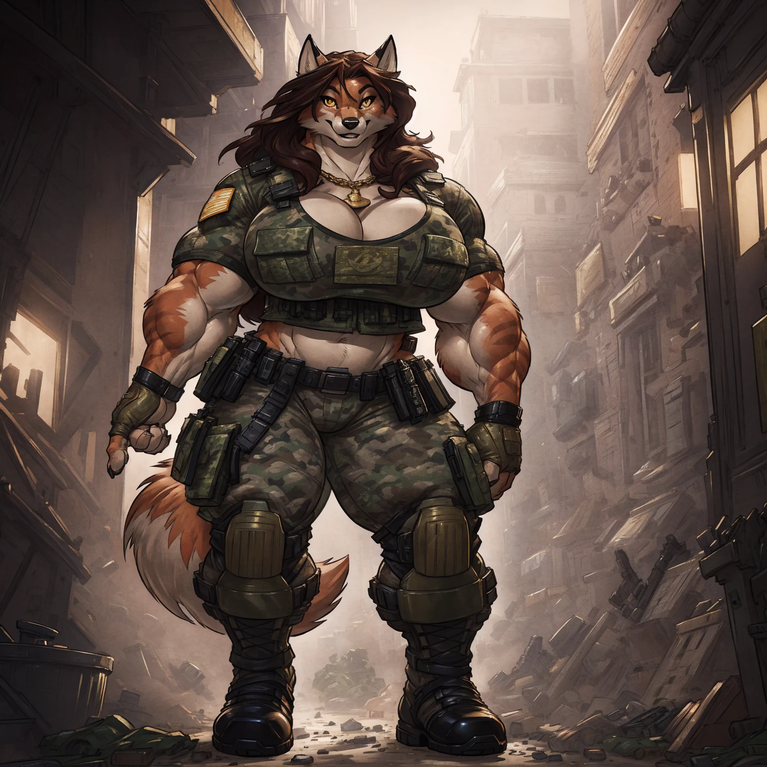 solo, 1girl, fox, female, broad shoulders, stocky build, buff, muscular, huge breasts, gold eyes, highly detailed eyes, long snout, Amazon, powerful figure, wearing camouflage_uniform, (urban uniform:1.2), military camp, rolled sleeves, shirt, trousers, cleavage, standing upright, combat boots, full body, smiling, friendly, looking at viewer, realistic lighting, by darkgem, by wfa, by gideon,