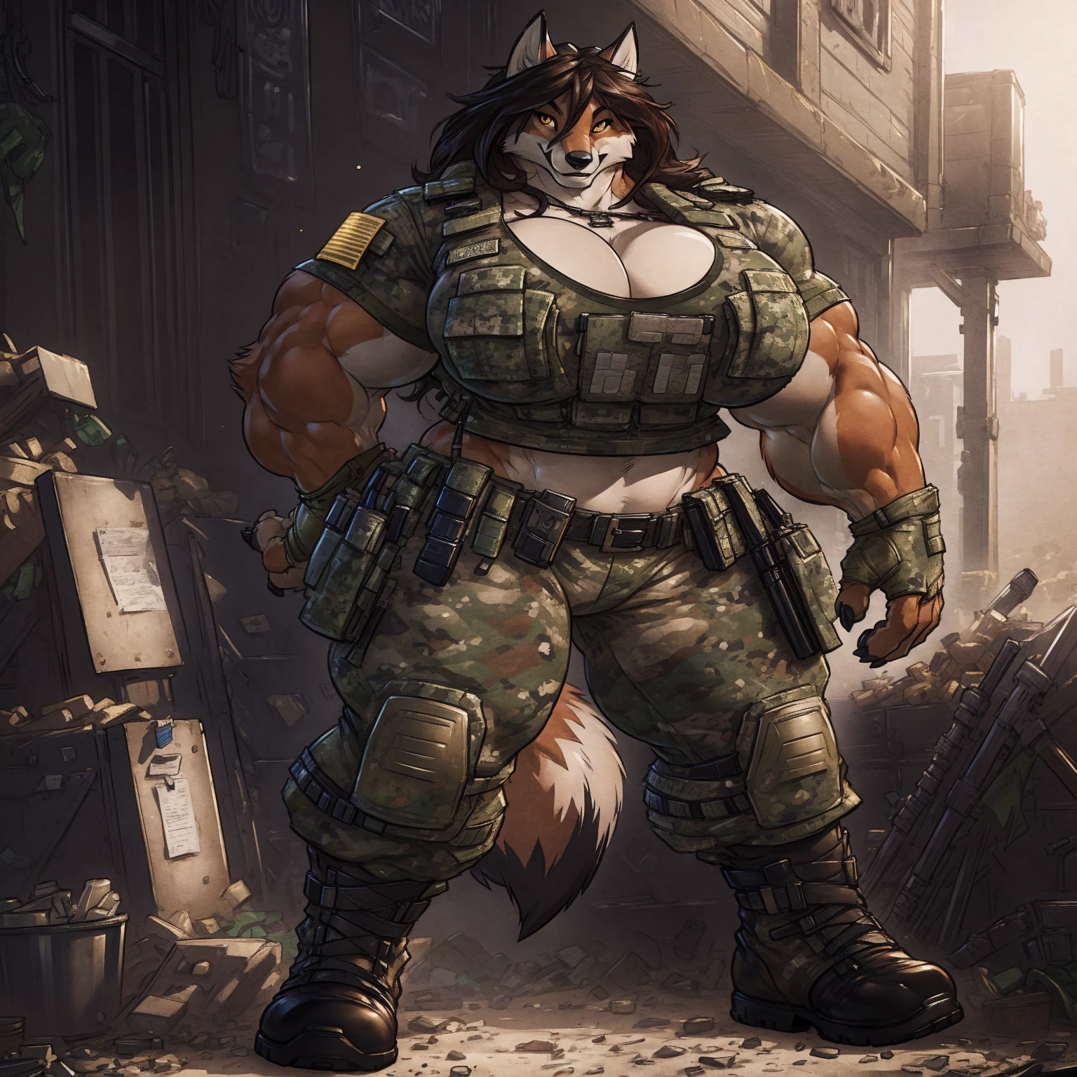 solo, 1girl, fox, female, broad shoulders, stocky build, buff, muscular, huge breasts, gold eyes, highly detailed eyes, long snout, Amazon, powerful figure, wearing camouflage_uniform, (urban uniform:1.2), military camp, rolled sleeves, shirt, trousers, cleavage, standing upright, combat boots, full body, smiling, friendly, looking at viewer, realistic lighting, by darkgem, by wfa, by gideon,
