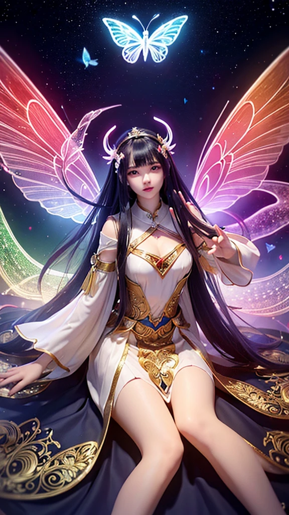Ridiculous , High resolution, Super detailed, (1 girl:1.3), rest, dream dress, Headdress, rest, light role, Dark Man, mind control, Fractal, whole body, 天flower板, artistic background, blue bioluminescence, Geometric, organic, bless, favor, Sublime, sublimation, noble, Expand, untie, anti-gravity, antimatter, A guardian angel, saint, sacred, , dignified, red bioluminescence, flower, Holographic Wings, on the magic circle, Photon, Butterfly, scales, galaxy, Bick,