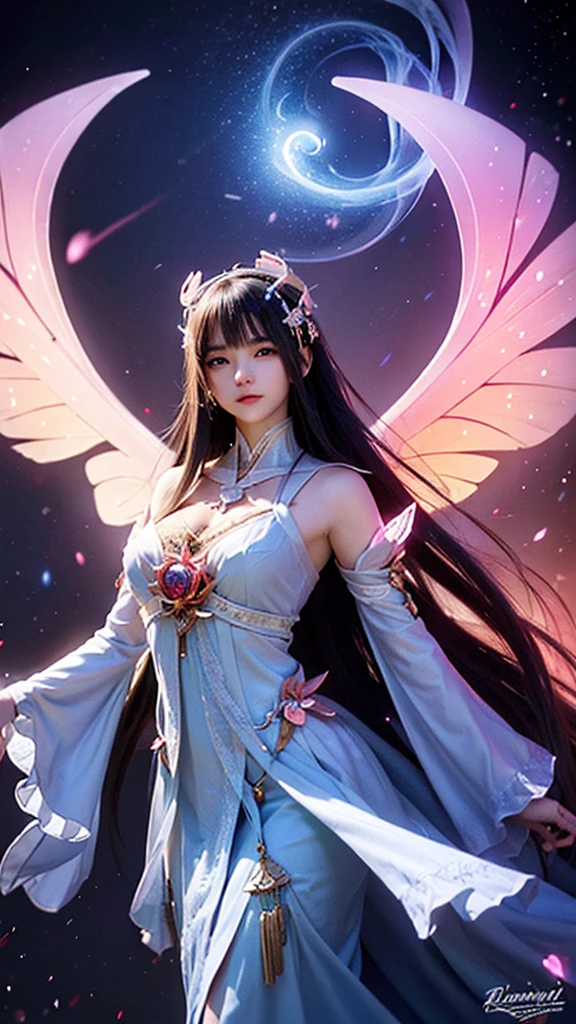 Ridiculous , High resolution, Super detailed, (1 girl:1.3), rest, dream dress, Headdress, rest, light role, Dark Man, mind control, Fractal, whole body, 天flower板, artistic background, blue bioluminescence, Geometric, organic, bless, favor, Sublime, sublimation, noble, Expand, untie, anti-gravity, antimatter, A guardian angel, saint, sacred, , dignified, red bioluminescence, flower, Holographic Wings, on the magic circle, Photon, Butterfly, scales, galaxy, Bick,
