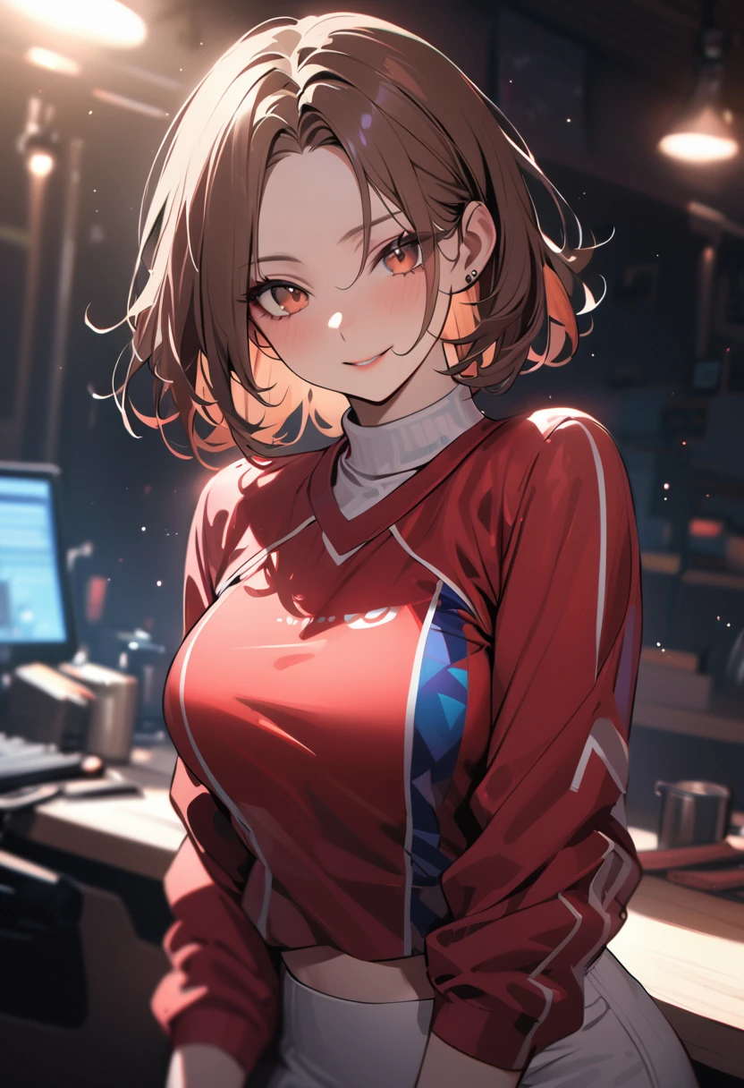 1 girl, bob, center part, forehead, brown hair, piercing, brown eyes, model posing, seductive smile,
BREAK (masterpiece), (high resolution 8K), cinematic lighting, professional lighting, detailed eyes and face, detailed body,
BREAK dance team uniform,