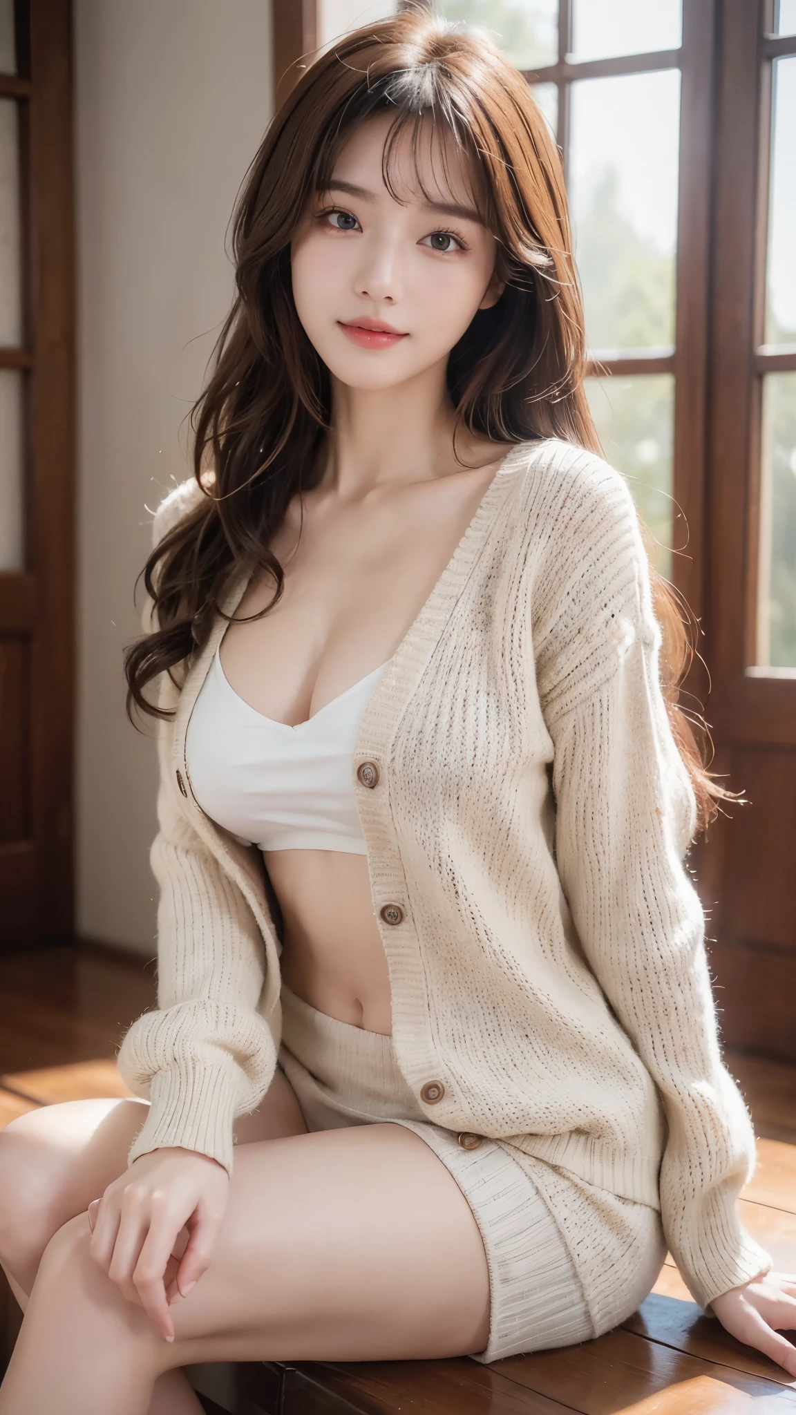 (masterpiece:1.3), (8K, realistic, RAW photos, Best image quality: 1.4), japanese high school girl、(random hairstyle:1.2)、have big breasts:1.2、breastfeeding 1.ts too big、round ass、complete appearance、very detailed face、eye for detail、double eyelid、Put your heart together、sharp focus:1.2、Beautiful woman:1.4、light brown hair、top quality、masterpiece、ultra high resolution、(realistic:1.4)、Highly detailed and professionally illuminated smile、Loose and light knitwear、hold out one'shoulder、slim、serious expression、short and delicate hair、fatal position