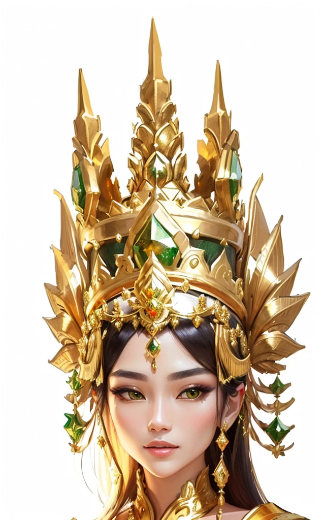 a close up of a woman wearing a gold crown and a green dress, big crown adorned with emerald, wearing huge golden crown, intricate gold headdress, queen crown on top of her head, sukhothai costume, tai traditional bronze headdress, crown on head, gorgeous and huge head ornaments, portrait of modern darna, with crown, wearing golden crown, headpiece