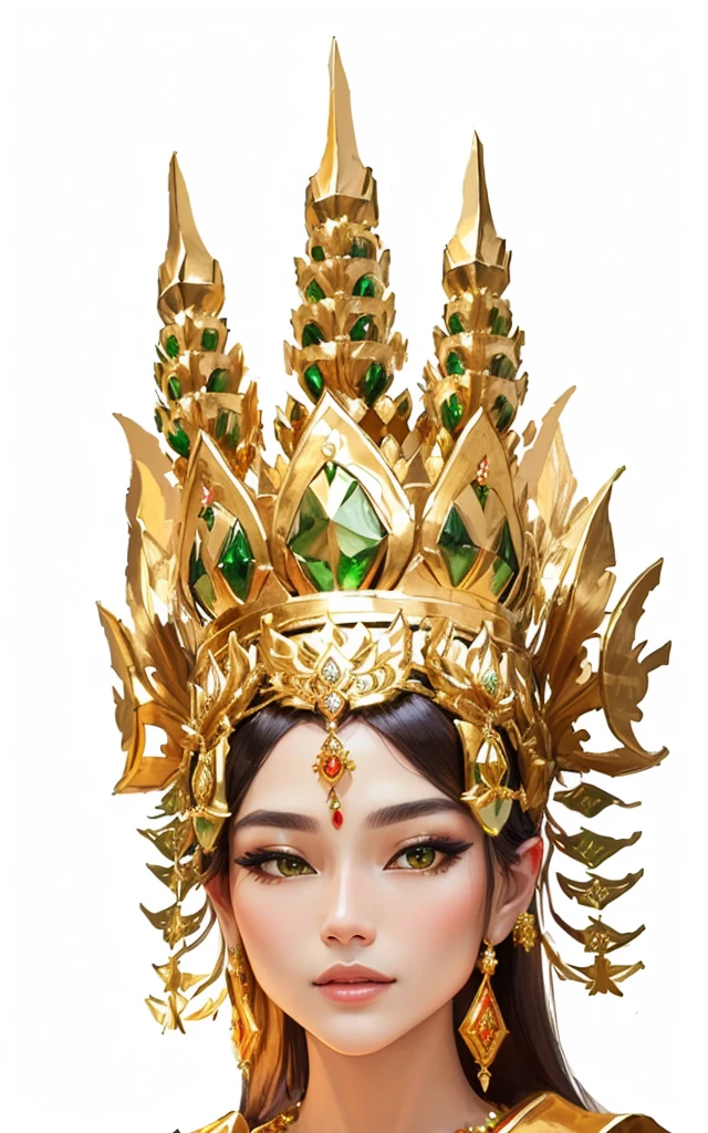 a close up of a woman wearing a gold crown and a green dress, big crown adorned with emerald, wearing huge golden crown, intricate gold headdress, queen crown on top of her head, sukhothai costume, tai traditional bronze headdress, crown on head, gorgeous and huge head ornaments, portrait of modern darna, with crown, wearing golden crown, headpiece