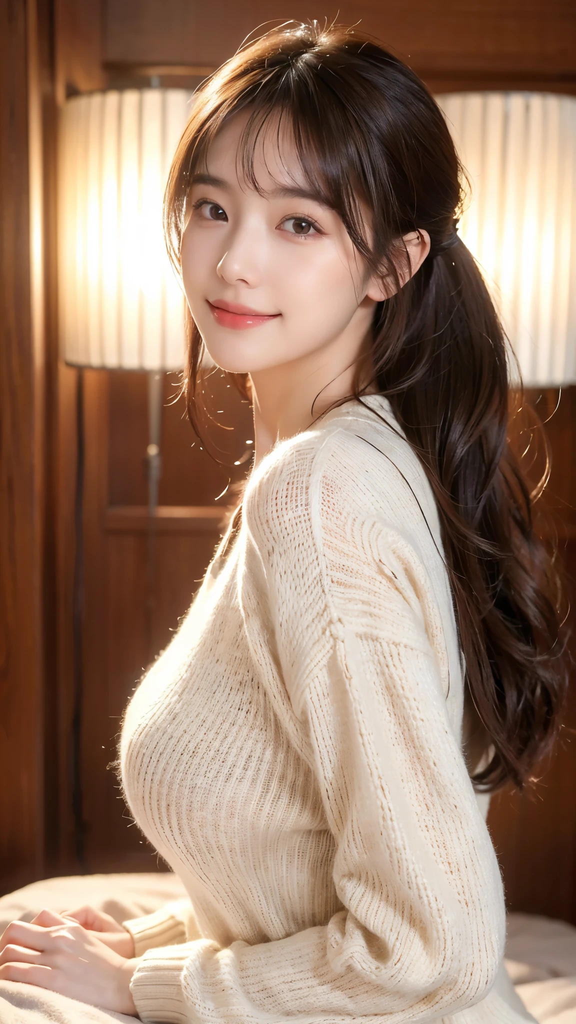 (masterpiece:1.3), (8K, realistic, RAW photos, Best image quality: 1.4), japanese high school girl、(random hairstyle:1.2)、have big breasts:1.2、breastfeeding 1.ts too big、round ass、complete appearance、very detailed face、eye for detail、double eyelid、Put your heart together、sharp focus:1.2、Beautiful woman:1.4、light brown hair、top quality、masterpiece、ultra high resolution、(realistic:1.4)、Highly detailed and professionally illuminated smile、Loose and light knitwear、hold out one'shoulder、slim、serious expression、short and delicate hair、fatal position