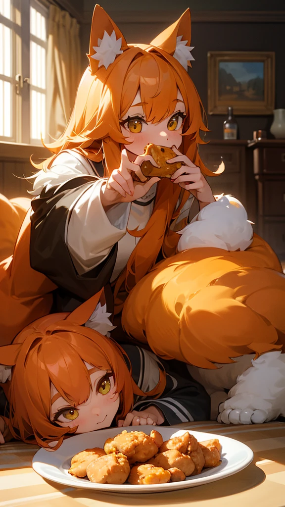 “Create an image of two adorable cats taking a selfie together. The first cat is orange with long fur, while the second cat is brown with stripes. Both cats are holding pieces of fried chicken with their paws, and there is a plate of fried chicken on the table in front of them. The setting is indoors, with a cozy and well-lit room in the background.”