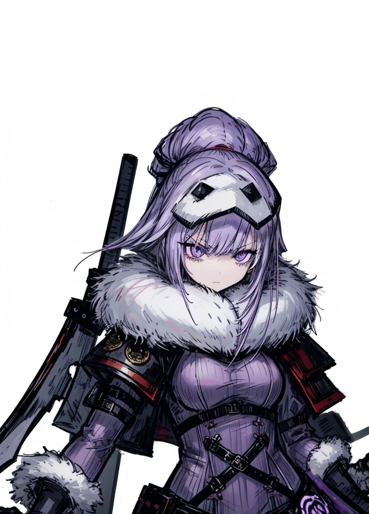 1girl ,lilac hair, lilac eyes, arctic warrior, polar, rusty sword, nice clothes, (high resolution, high detail, best quality), angry