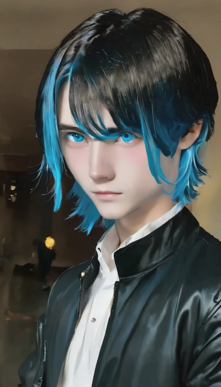 best quality, masterpiece, solo, 1boy, blue hair, black jacket,  blue eyes, black beckground, standing, future jacket