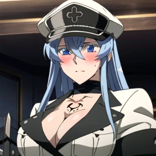 Esdeath, blush, sweat, breasts, large breasts, hat, cleavage, weapon, choker, sword, hair between eyes, uniform, military, military uniform, tattoo, peaked cap, chest_tattoo