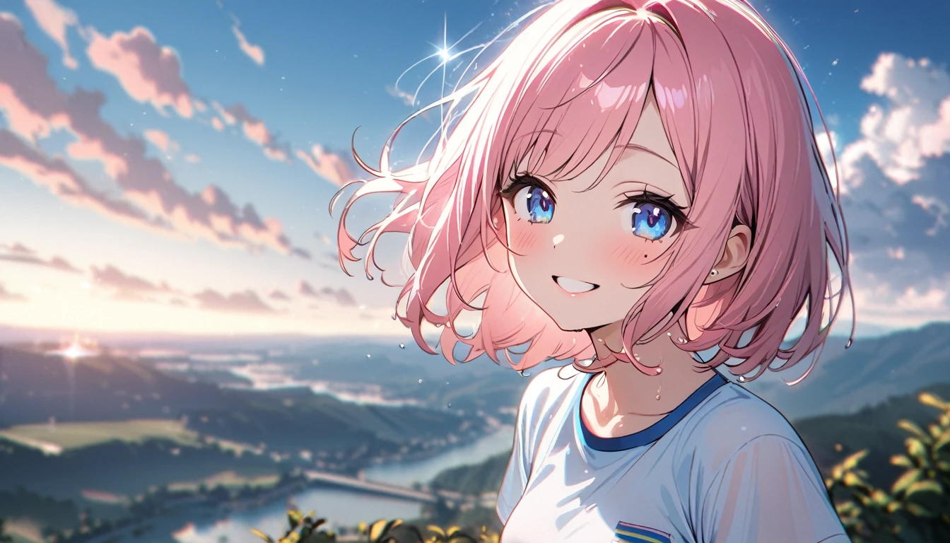 (1 girl),(Best Picture Quality, 8K, Masterpiece:1.3), (high school student:1.5), ((pink lob hair:1.1)), (bob cut),(swept bangs), (cute eyes, pupil black, iris skyblue, youthful face), (mole under right eye), (standard weight), (small breasts), (glistening skin:1.1),(pale skin:1.2),(t-shirt),((Gyaru fashion:1.3)),(wet:1.1),(blue sky, blurry, blurry background, chromatic aberration, cloud, cloudy sky, day, depth of field, glint, outdoors, sky),(magnificent view),(overlooking),(Smile).