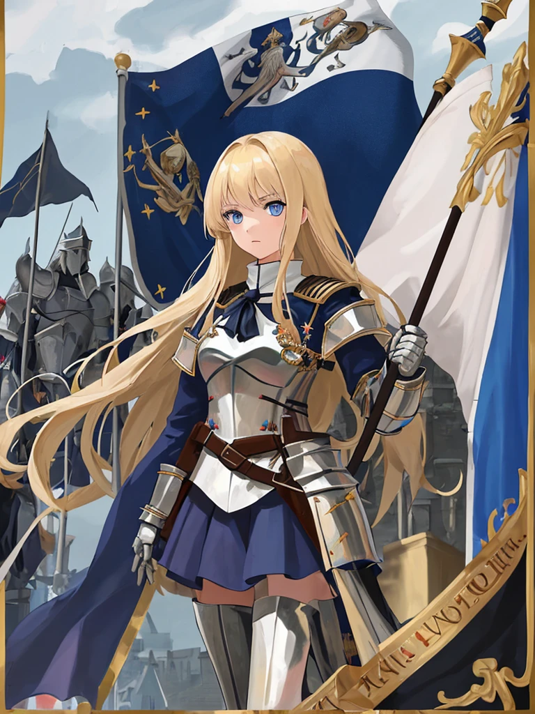 girl,blonde,long hair,blue eyes,Holy Knight,flag spear,french flag,knights behind,raise the flag in the sky,battlefield,orléans,cavalry