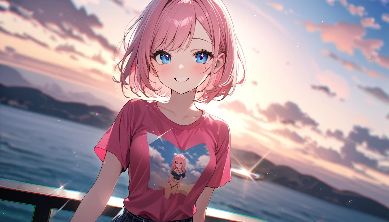 (1 girl),(Best Picture Quality, 8K, Masterpiece:1.3), (high school student:1.5), ((pink lob hair:1.1)), (bob cut),(swept bangs), (cute eyes, pupil black, iris skyblue, youthful face), (mole under right eye), (standard weight), (small breasts), (glistening skin:1.1),(pale skin:1.2),(t-shirt),((Gyaru fashion:1.3)),(wet:1.1),(blue sky, blurry, blurry background, chromatic aberration, cloud, cloudy sky, day, depth of field, glint, outdoors, sky),(magnificent view),(overlooking),(Smile).