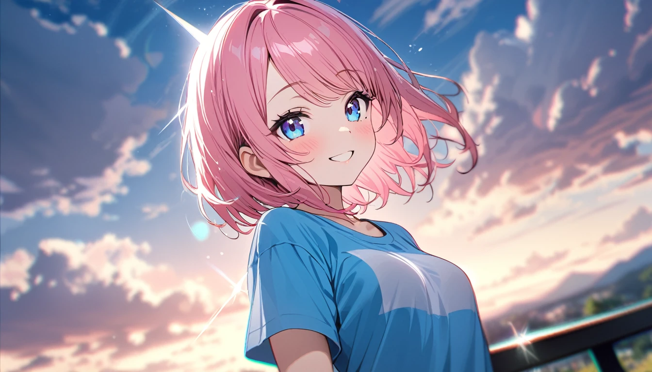 (1 girl),(Best Picture Quality, 8K, Masterpiece:1.3), (high school student:1.5), ((pink lob hair:1.1)), (bob cut),(swept bangs), (cute eyes, pupil black, iris skyblue, youthful face), (mole under right eye), (standard weight), (small breasts), (glistening skin:1.1),(pale skin:1.2),(t-shirt),((Gyaru fashion:1.3)),(wet:1.1),(blue sky, blurry, blurry background, chromatic aberration, cloud, cloudy sky, day, depth of field, glint, outdoors, sky),(magnificent view),(overlooking),(Smile).