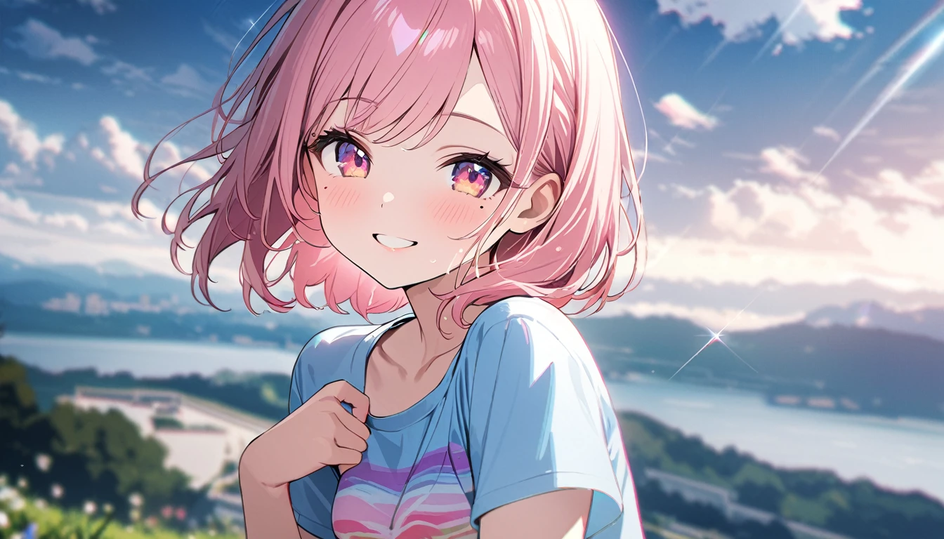 (1 girl),(Best Picture Quality, 8K, Masterpiece:1.3), (high school student:1.5), ((pink lob hair:1.1)), (bob cut),(swept bangs), (cute eyes, pupil black, iris skyblue, youthful face), (mole under right eye), (standard weight), (small breasts), (glistening skin:1.1),(pale skin:1.2),(t-shirt),((Gyaru fashion:1.3)),(wet:1.1),(blue sky, blurry, blurry background, chromatic aberration, cloud, cloudy sky, day, depth of field, glint, outdoors, sky),(magnificent view),(overlooking),(Smile).