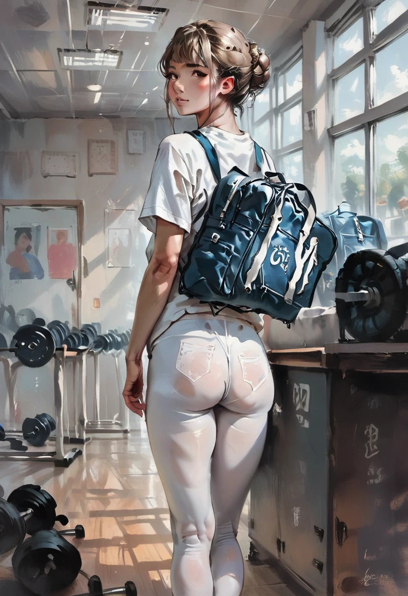 1girl, european girl, the bun hirstyle, light-brown hair, oversized white t-shirt, white pantyhose, without lengire, standing, school gym, school, realistic, source_anime, deatiling panting, brown eyes, detailing body, back view