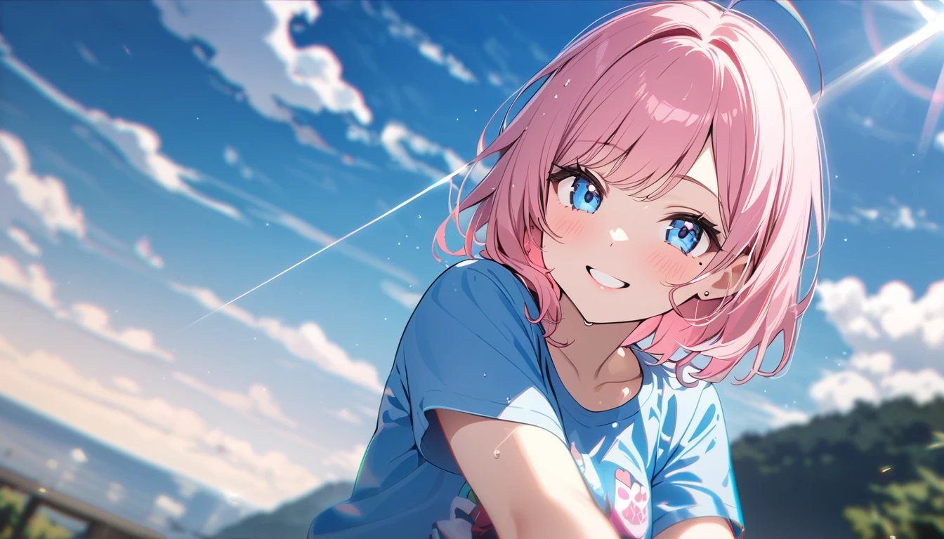 (1 girl),(Best Picture Quality, 8K, Masterpiece:1.3), (high school student:1.5), ((pink lob hair:1.1)), (bob cut),(swept bangs), (cute eyes, pupil black, iris skyblue, youthful face), (mole under right eye), (standard weight), (small breasts), (glistening skin:1.1),(pale skin:1.2),(t-shirt),((Gyaru fashion:1.3)),(wet:1.1),(blue sky, blurry, blurry background, chromatic aberration, cloud, cloudy sky, day, depth of field, glint, outdoors, sky),(magnificent view),(overlooking),(Smile).
