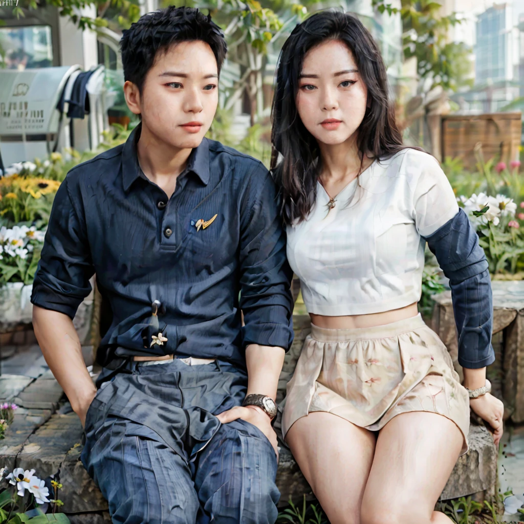 (best quality, masterpiece), (a couple), (Burmese girl and a boy black hair), pretty lady MoonLay, shirt and mini skirt, asian man, 1man, business suite, romantic pose, tight, particle, wind, flower, upper body, simple background, looking at viewer,