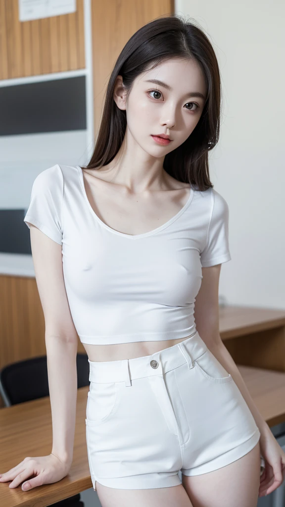 a female teacher, very thin, pale white skin, visible bones, wearing tight shorts and a tight short shirt,