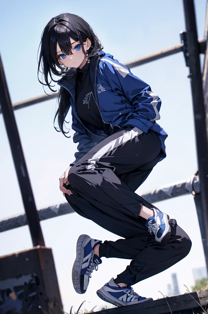 Blue delicate eyes, ,sports shoes，Black tights，Sports jacket，Hip-wrapped pants