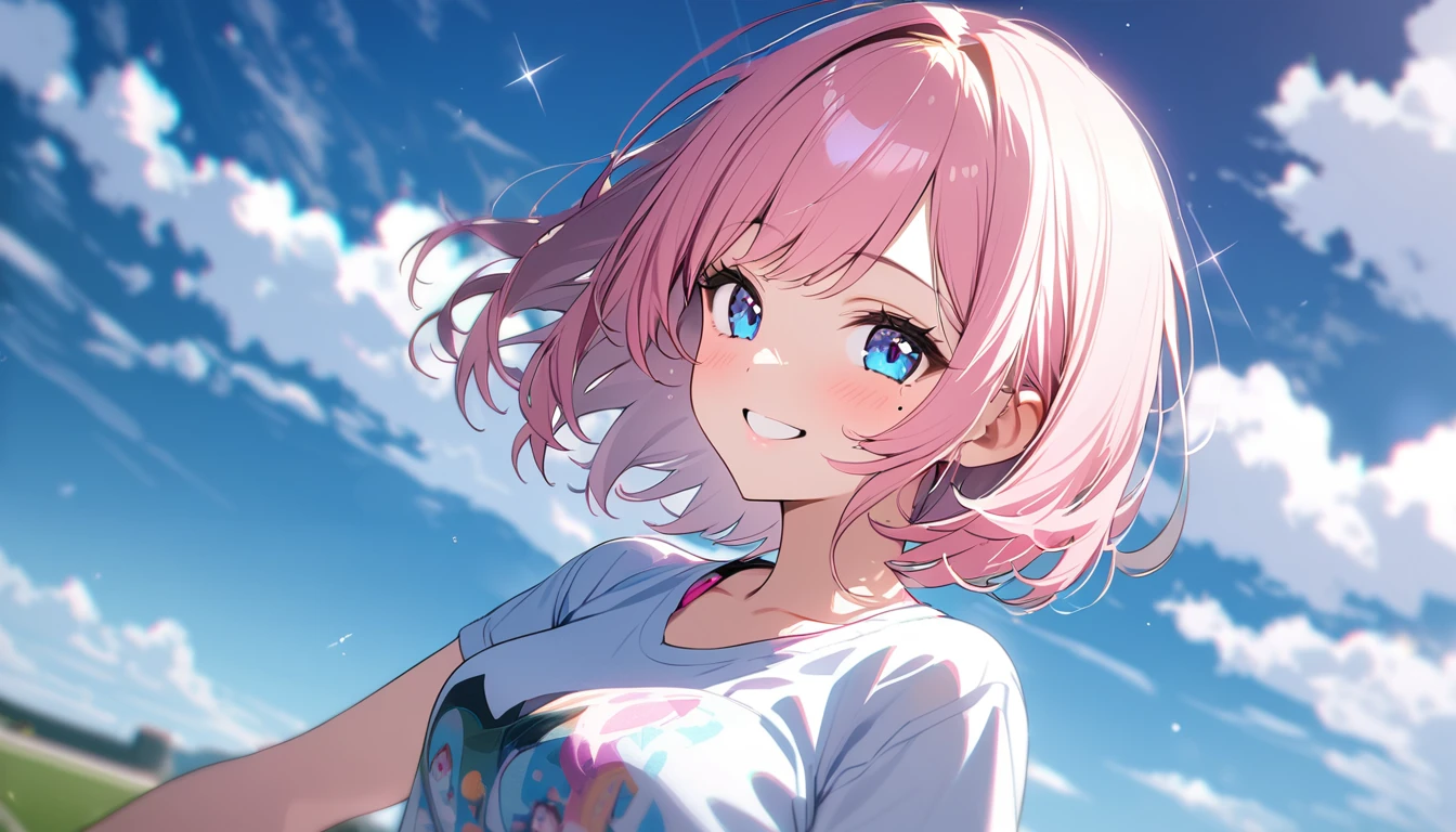 (1 girl),(Best Picture Quality, 8K, Masterpiece:1.3), (high school student:1.5), ((pink lob hair:1.1)), (bob cut),(swept bangs), (cute eyes, pupil black, iris skyblue, youthful face), (mole under right eye), (standard weight), (small breasts), (glistening skin:1.1),(pale skin:1.2),(t-shirt),((Gyaru fashion:1.3)),(wet:1.1),(blue sky, blurry, blurry background, chromatic aberration, cloud, cloudy sky, day, depth of field, glint, outdoors, sky),(magnificent view),(overlooking),(Smile).