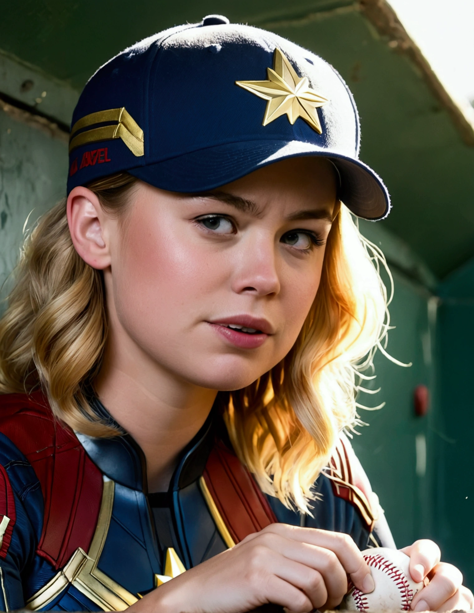 (Brea Larson, age 25, Captain Marvel, baseball cap, chewing tobacco) she is sitting in the baseball dug out spitting into a cup
