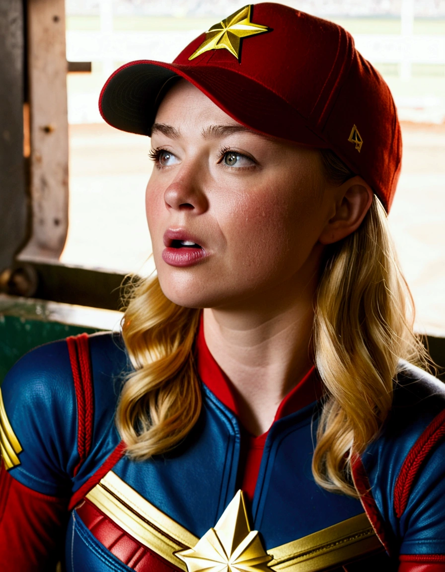 (Brea Larson, age 25, Captain Marvel, baseball cap, chewing tobacco) she is sitting in the baseball dug out spitting into a cup
