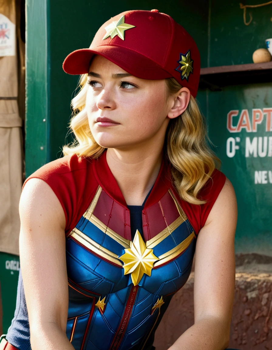 (Brea Larson, age 25, Captain Marvel, baseball cap, chewing tobacco) she is sitting in the baseball dug out spitting into a cup