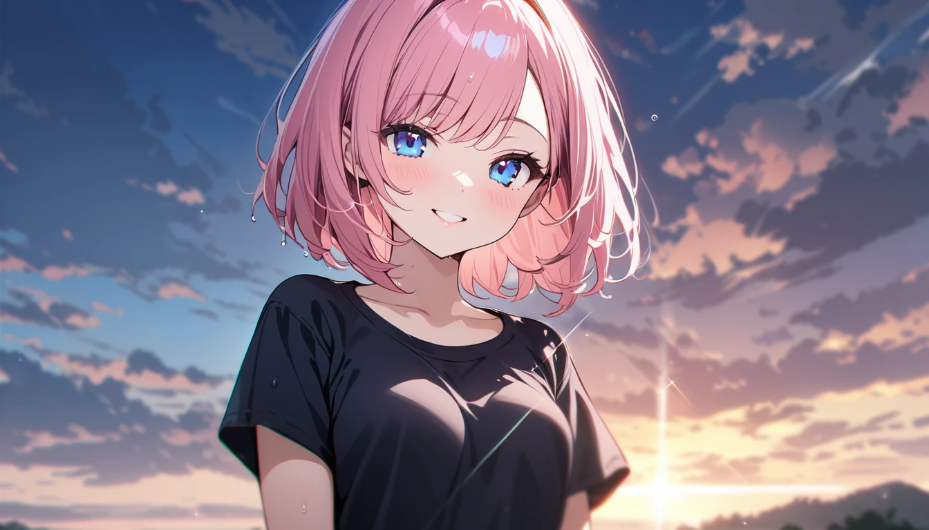 (1 girl),(Best Picture Quality, 8K, Masterpiece:1.3), (high school student:1.5), ((pink lob hair:1.1)), (bob cut),(swept bangs), (cute eyes, pupil black, iris skyblue, youthful face), (mole under right eye), (standard weight), (small breasts), (glistening skin:1.1),(pale skin:1.2),(t-shirt),((Gyaru fashion:1.3)),(wet:1.1),(blue sky, blurry, blurry background, chromatic aberration, cloud, cloudy sky, day, depth of field, glint, outdoors, sky),(magnificent view),(overlooking),(Smile).
