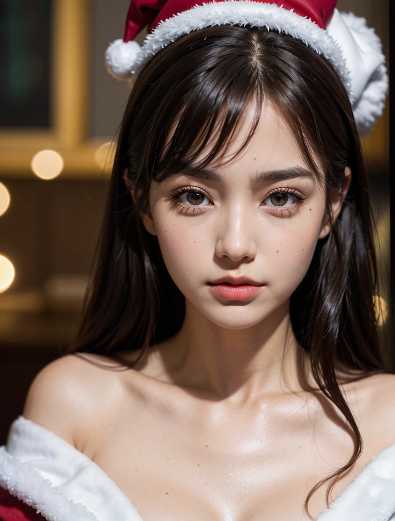 Beautiful girl wearing a Santa Claus costume sits on the floor., 8k artgerm bokeh, closeup portrait shot, captured on canon eos r 6, christmas ornaments, Brown eyes, Brown hair, (Beautiful face details), intricate detailed, Portrait of a female man, very high details, Realistic photos, 8k, UHD, hyperdetailed, (Dynamic Poses:1.4),