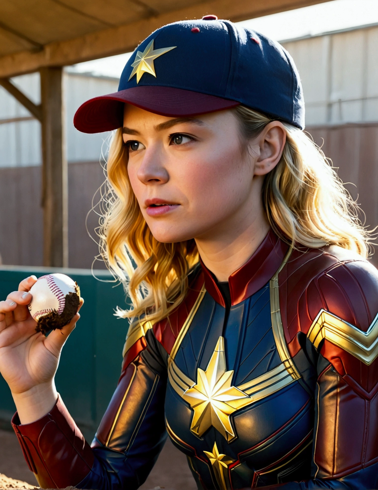(Brea Larson, age 25, Captain Marvel, baseball cap, chewing tobacco) she is sitting in the baseball dug out spitting into a cup